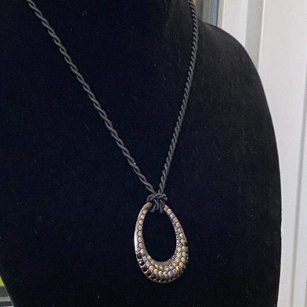 Lia Sophia Retired Black Cord Necklace w/ Sparkly Crystal Teardrop Oval Pendant - Picture 6 of 16